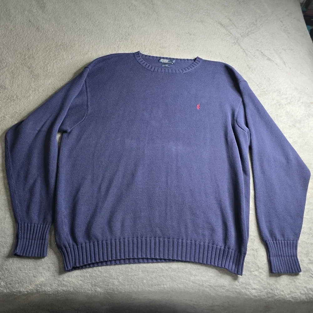 Vintage Polo Ralph Lauren Knit Sweater Mens 4XLT Navy Blue Red Pony Long Sleeve